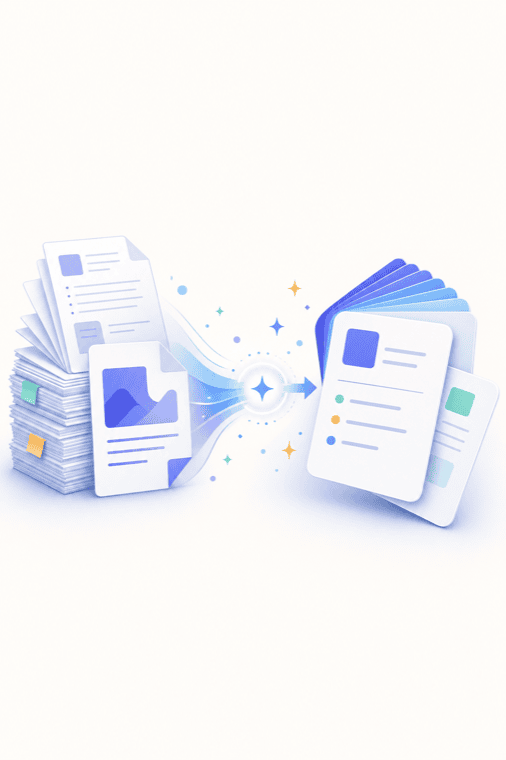 一叠笔记与 PDF 被转化为整齐的问答记忆卡